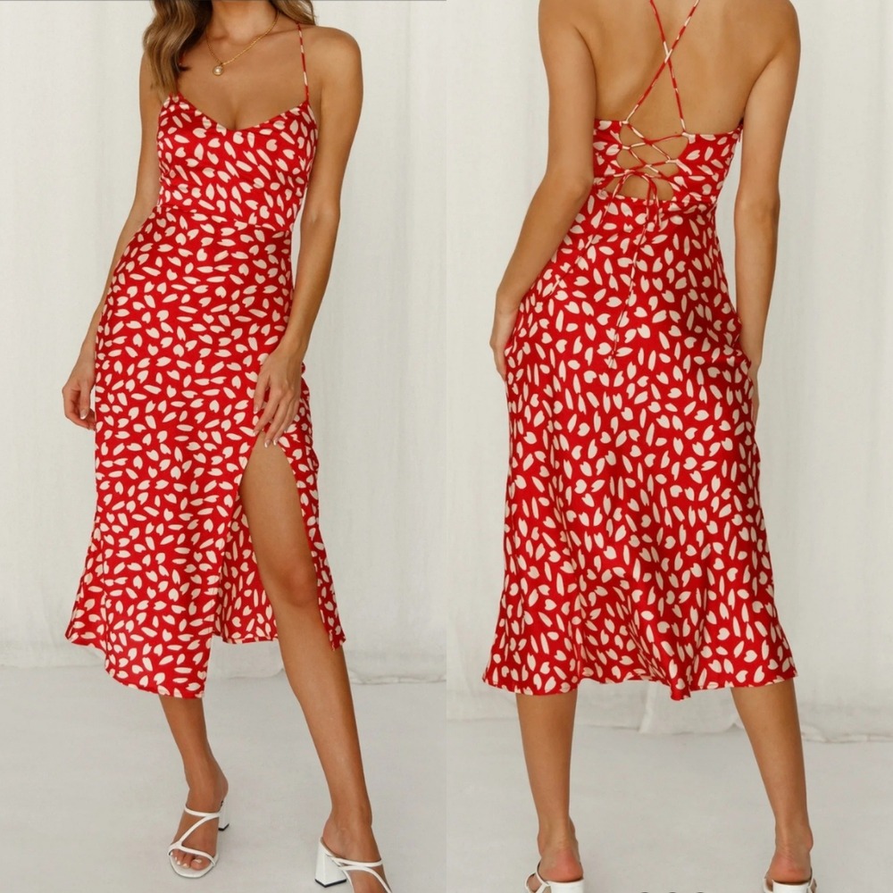 Hello Molly Happy Honeymoon Midi Dress Sz 6 Red Print Satin Cami Slit